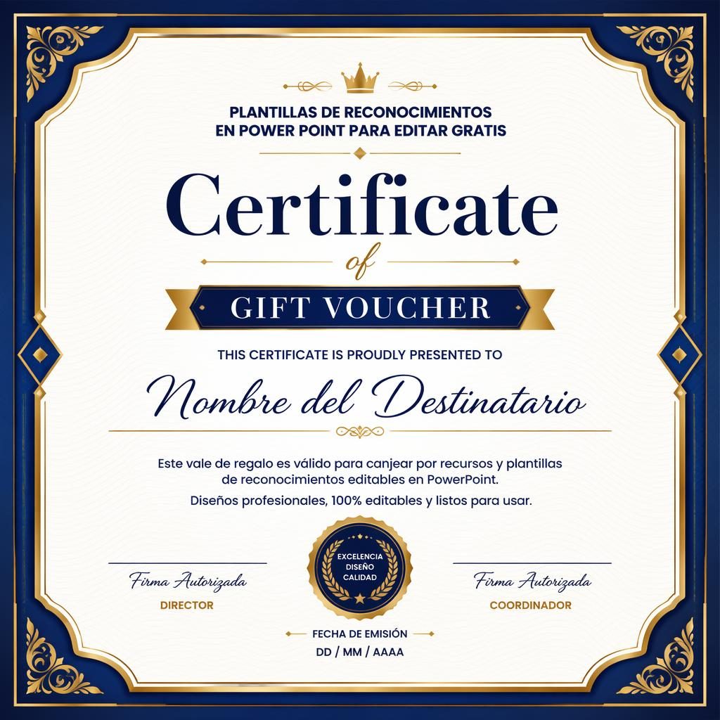 Plantilla de certificado horizontal A4, estilo minimalista moderno, marco decorativo azul real y dorado, firma, fecha y sello.