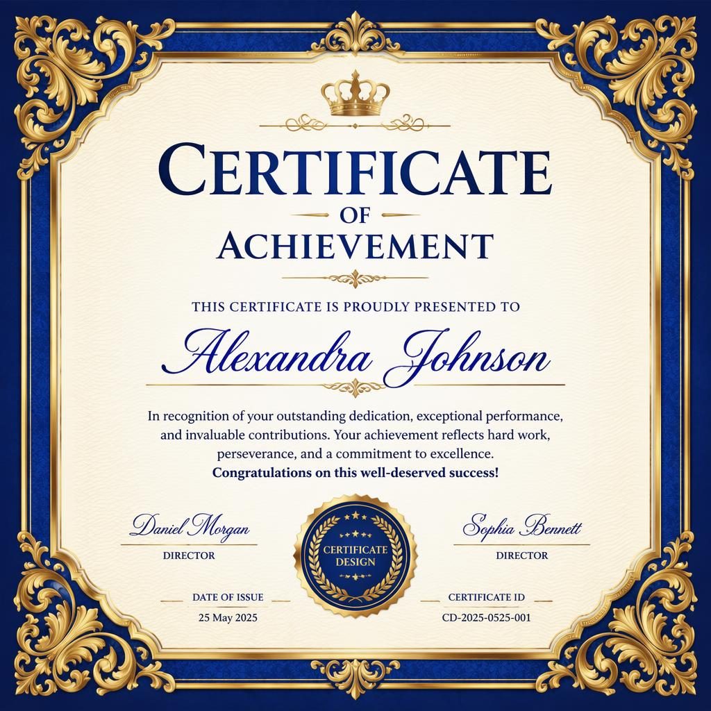 Landscape A4 certificate design template with ornate blue and gold frame, heading, recipient name, body text, signature lines, date, and seal.