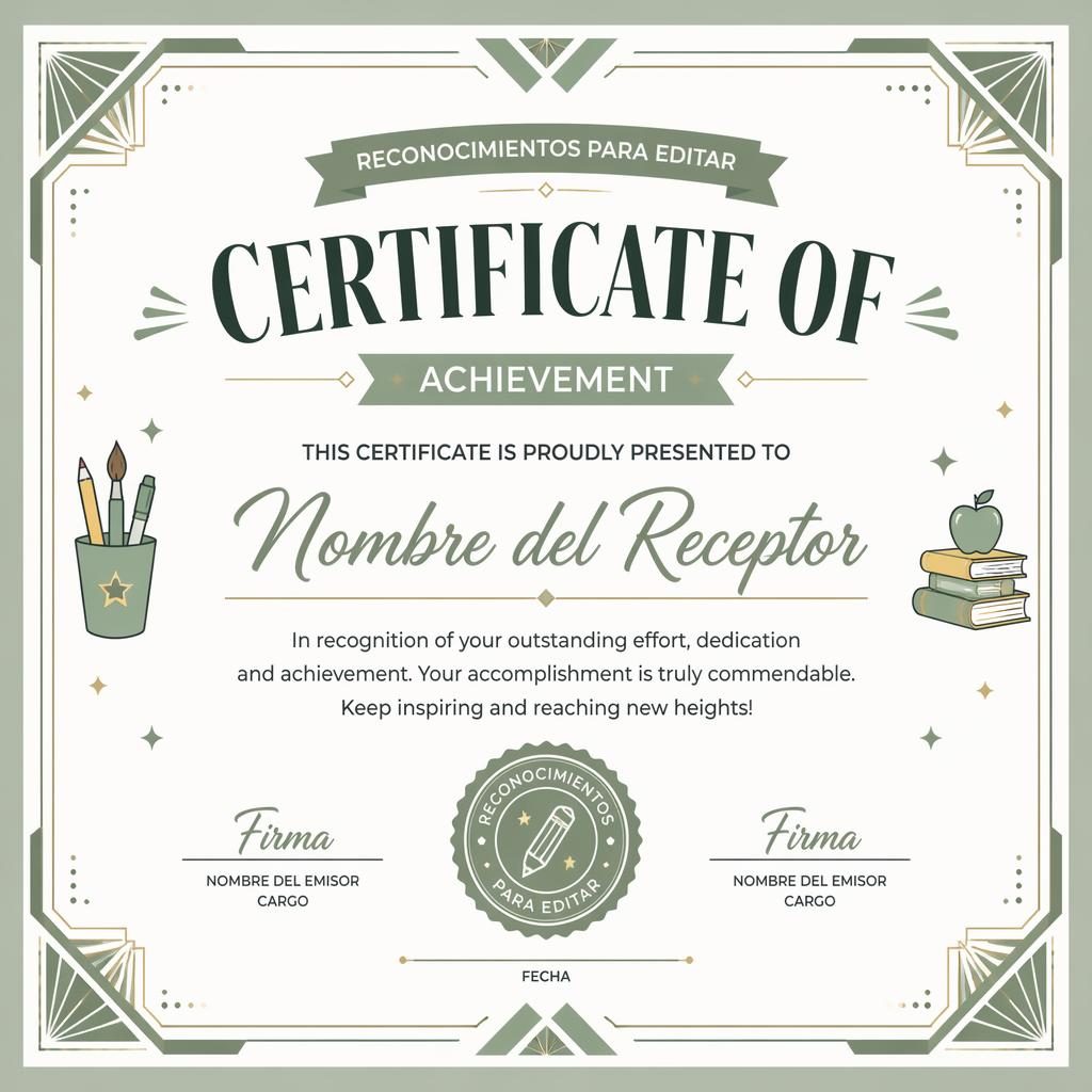 Plantilla de certificado horizontal A4 con borde geométrico art decó en blanco y salvia, título central, firma y fecha.