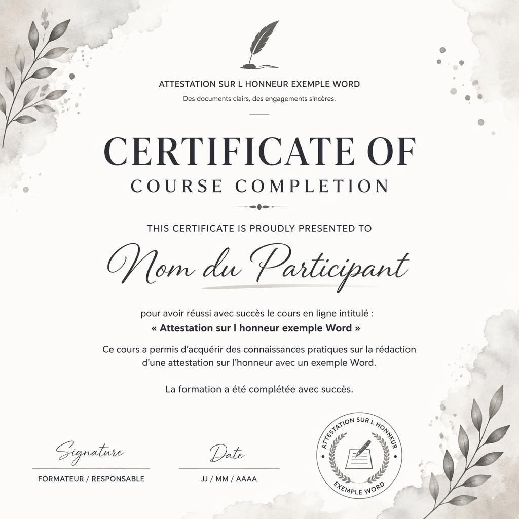 Modèle de certificat A4 paysage minimaliste monochrome aquarelle, avec titre central, nom, texte, signatures et date.