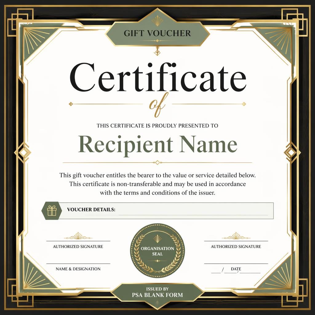 Landscape A4 gift voucher certificate template with black and gold art deco border, white and sage accents, heading, name, signature lines, date, and seal.