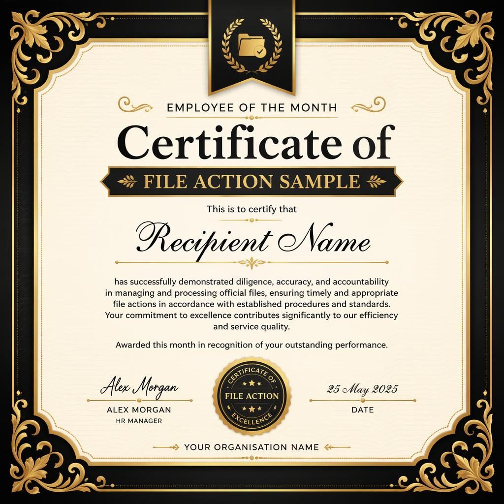 Landscape A4 employee of the month certificate template in black and gold with ornamental border, heading, signature lines, date.