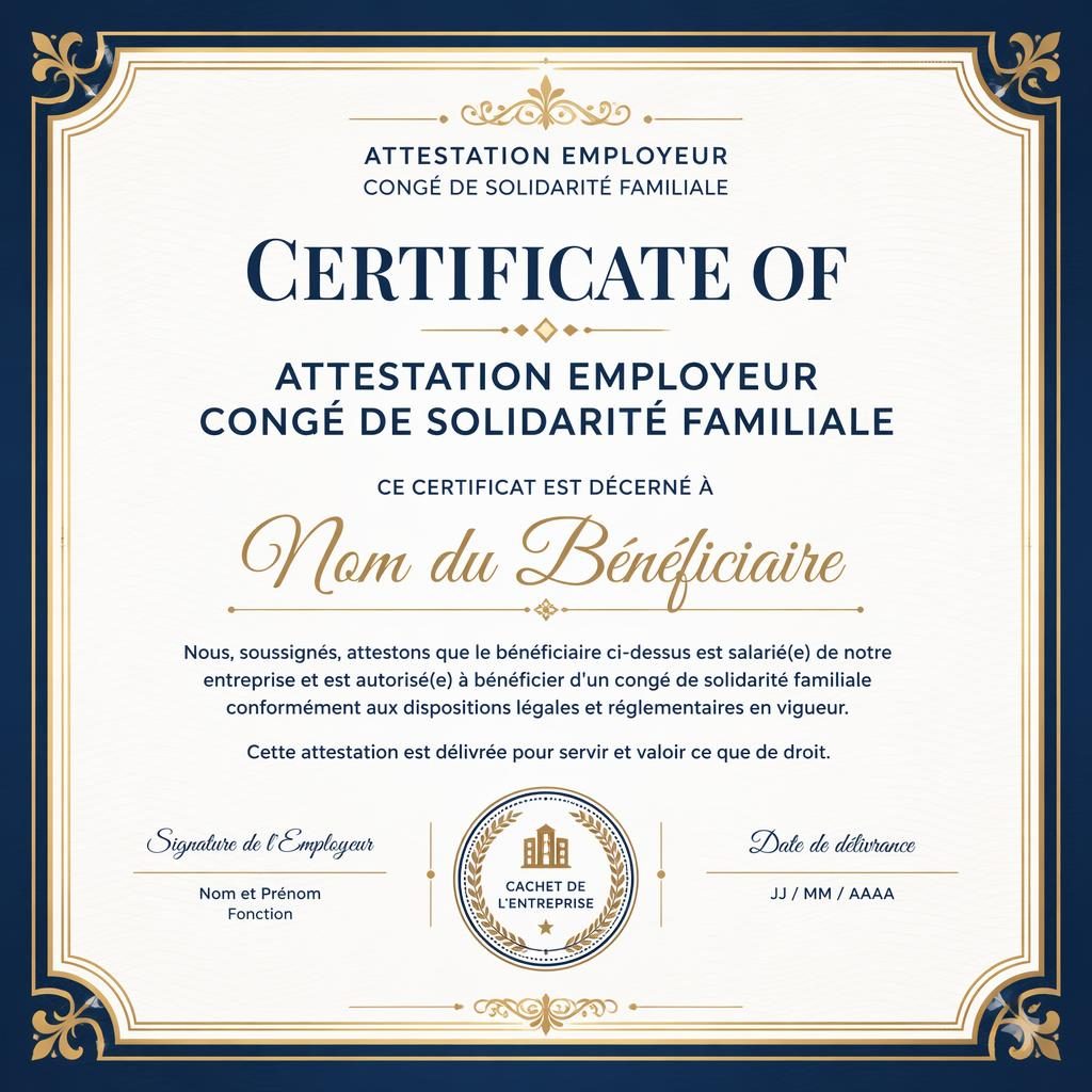 Modèle de certificat cadeau A4 paysage, cadre décoratif bleu royal et or, style minimal moderne, zones signature et date.