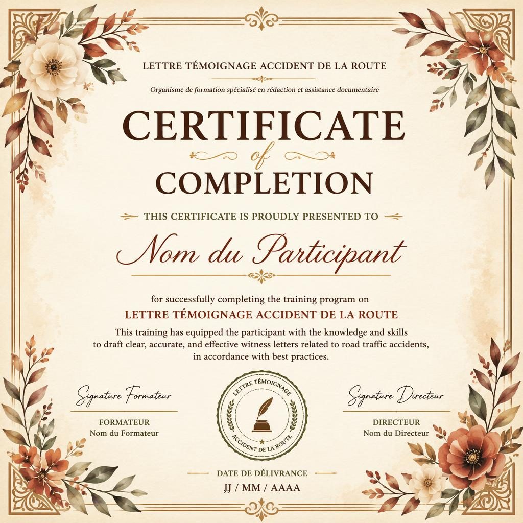 Modèle de certificat de formation paysage A4, bord floral aquarelle, palette terre chaude, titres, signature, date et sceau