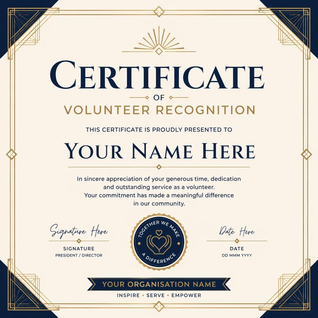 Landscape A4 volunteer recognition certificate template with art deco border, cream gold navy palette, heading, name, signature lines