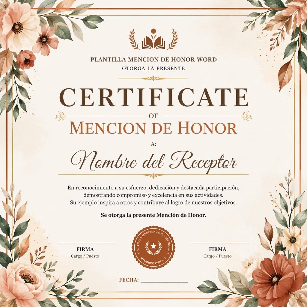 Certificado horizontal A4 con borde floral acuarela, título central, líneas de firma, fecha y sello institucional.