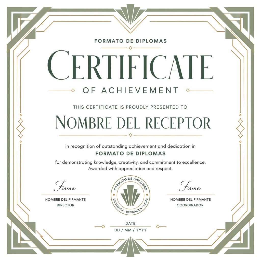 Plantilla de certificado art déco en A4 horizontal, borde geométrico blanco y verde salvia, título central y firmas.