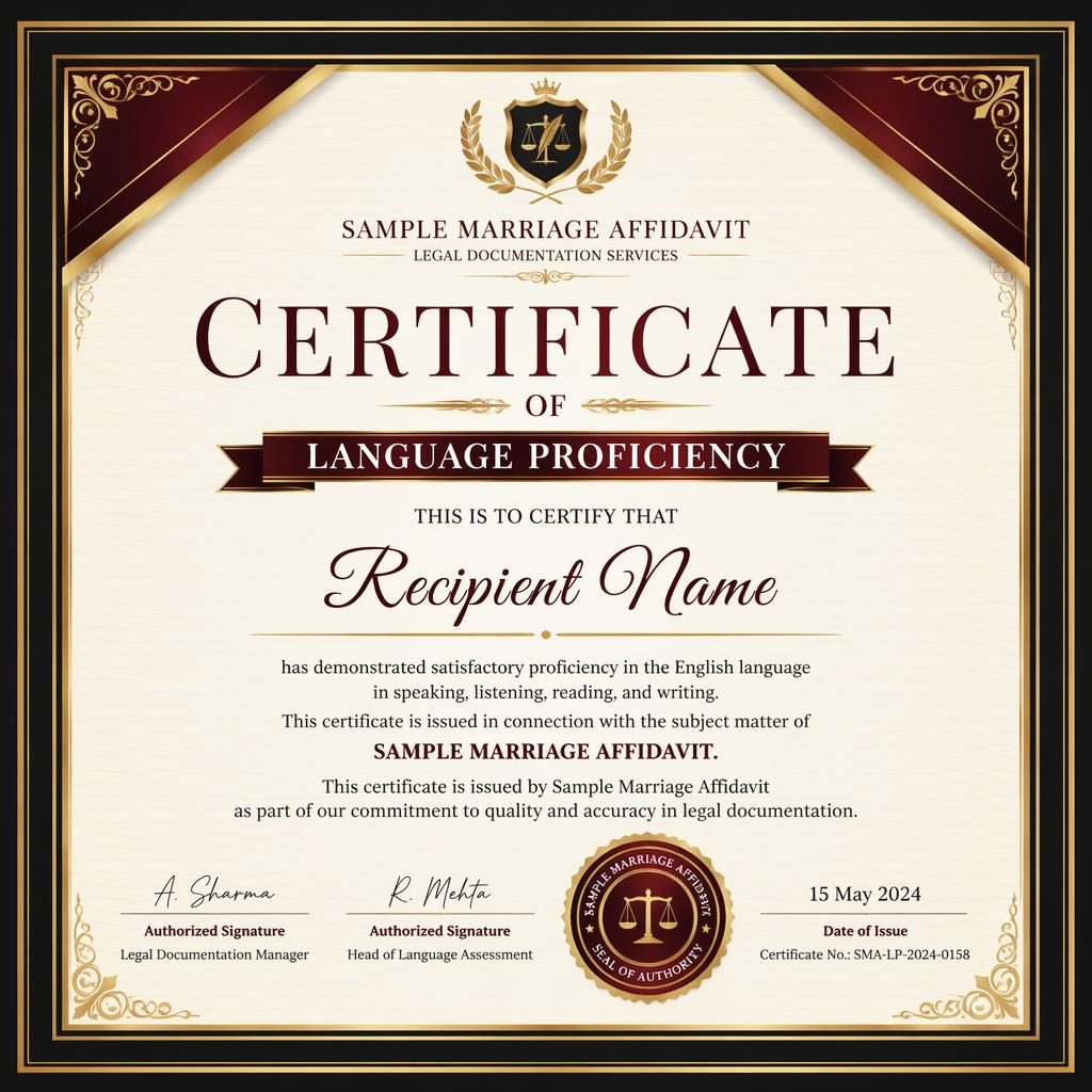 Luxury black, gold, and burgundy language proficiency certificate template with classic border, signature lines, date, and seal.