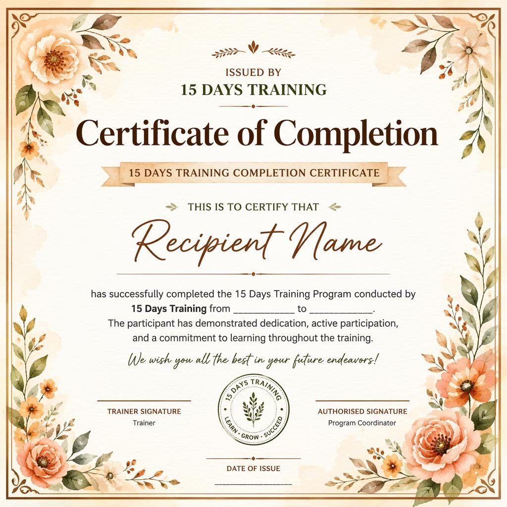Landscape A4 membership certificate template with watercolor floral border, warm earth tones, heading, name, signature lines.