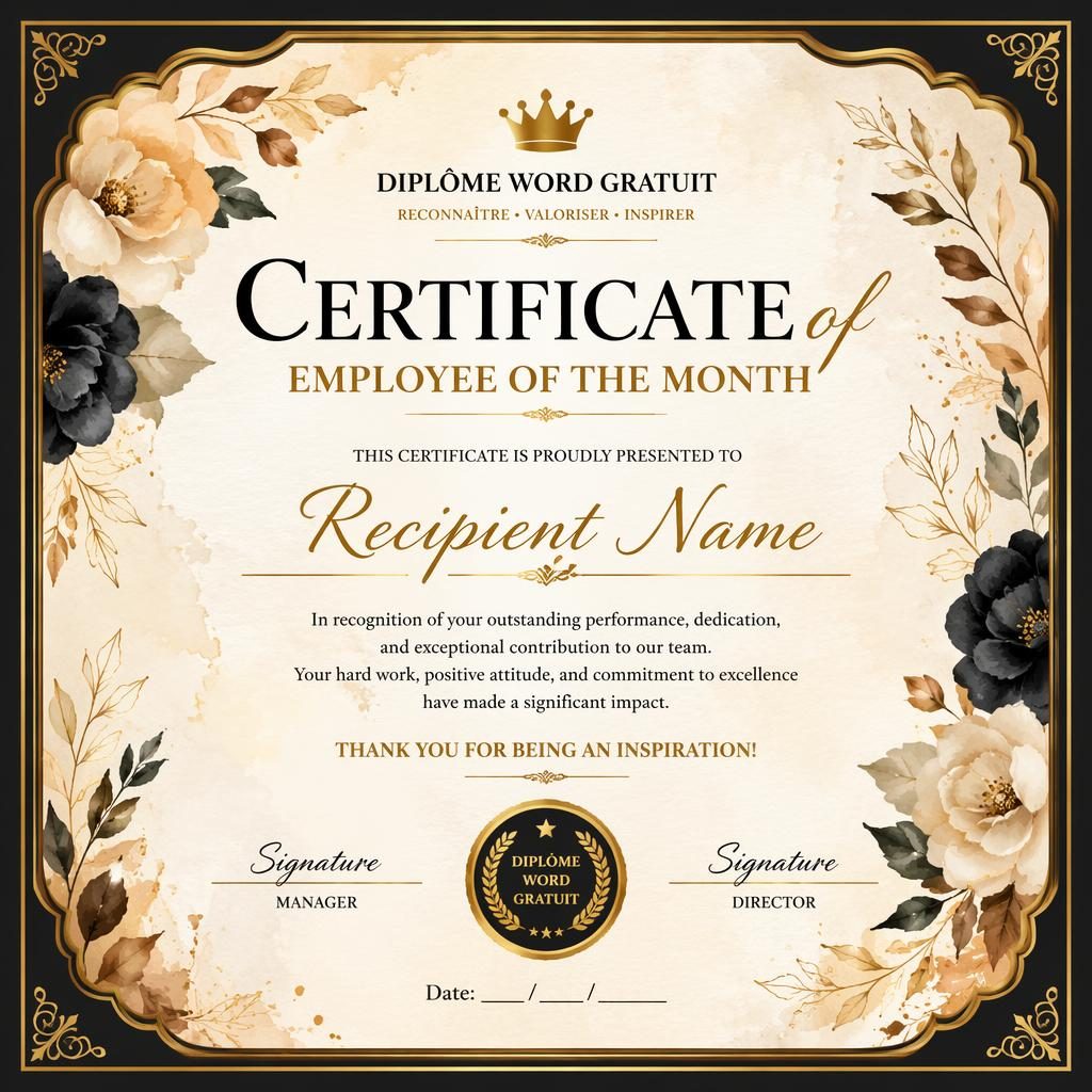 Modèle de certificat A4 paysage noir et or, bordure florale aquarelle, titre central, lignes de signature et sceau.