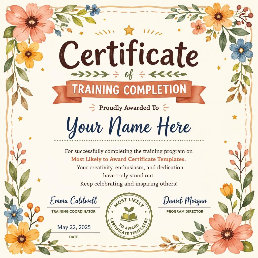 Landscape A4 training completion certificate template with floral watercolor border, heading, recipient name, signature lines