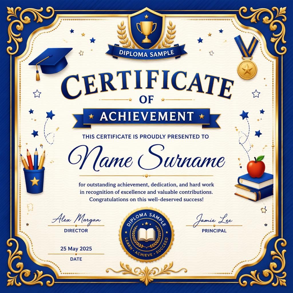 Landscape A4 certificate template in royal blue and gold with decorative border, heading, recipient, signature lines and seal