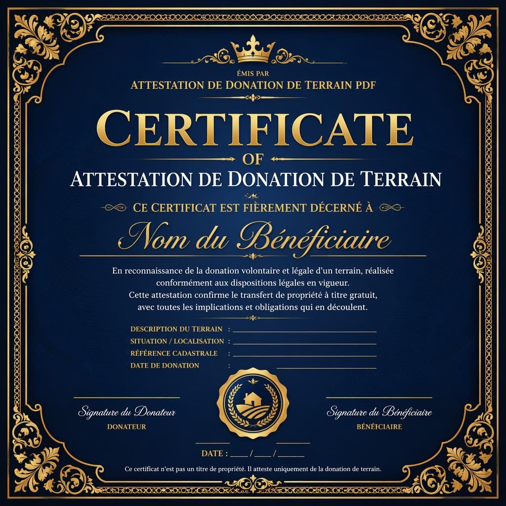 Certificat cadeau A4 paysage noir, bleu royal et or, avec cadre décoratif, titre central, zones de texte, signatures et sceau.