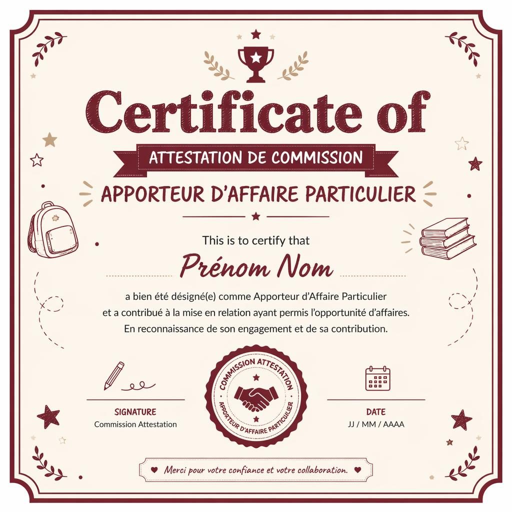 Certificat A4 paysage bordeaux avec double bordure classique, titre central, zones de nom, signature, date et sceau.