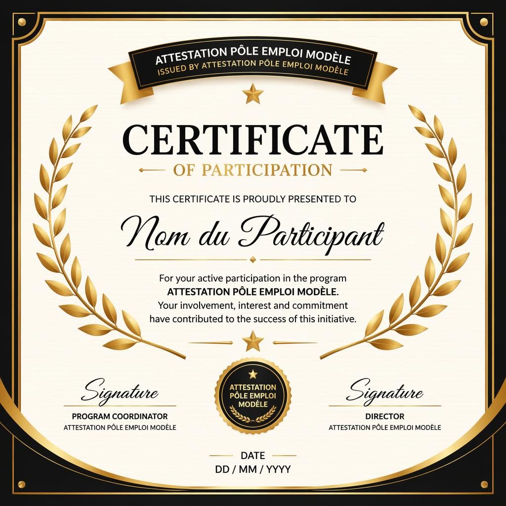 Certificat de participation paysage A4, bordure en laurier noir et or, titre central, zones nom, signature, date et sceau.