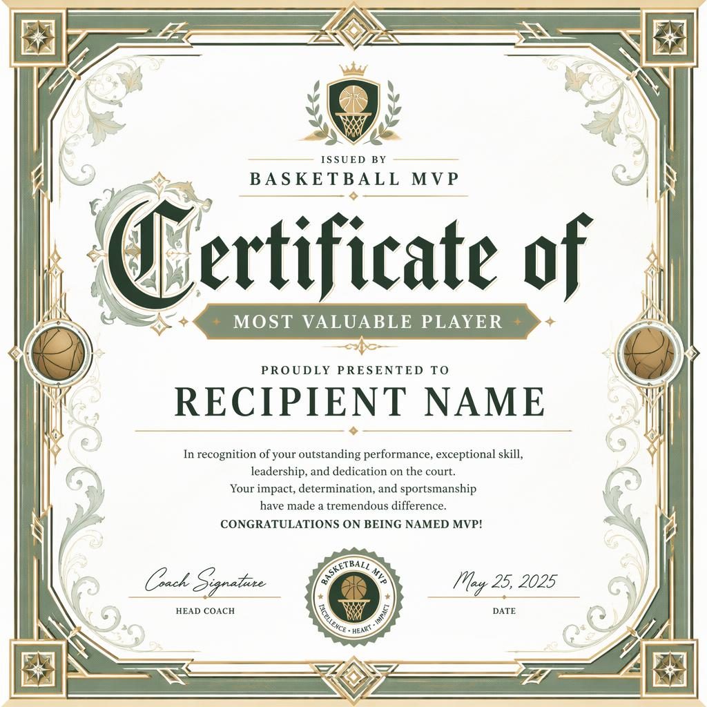 Landscape A4 gift voucher certificate template with medieval illuminated details, art deco border, white and sage palette.
