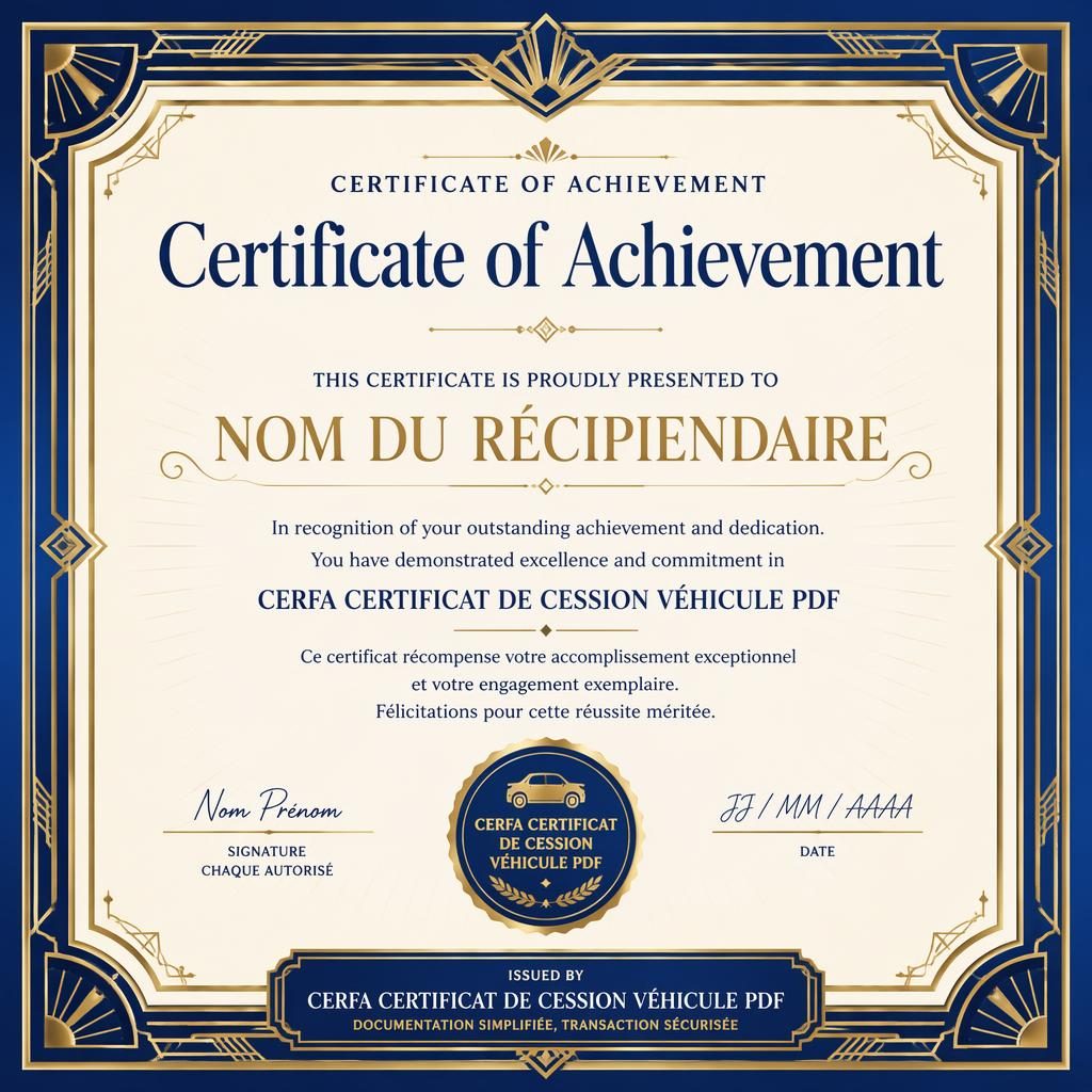 Modèle de certificat paysage A4 art déco bleu royal et or, cadre décoratif, titre central, signature, date et sceau