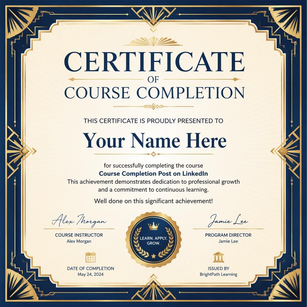Art Deco achievement certificate template in royal blue and gold with ornate frame, heading, name, signature lines, date, seal
