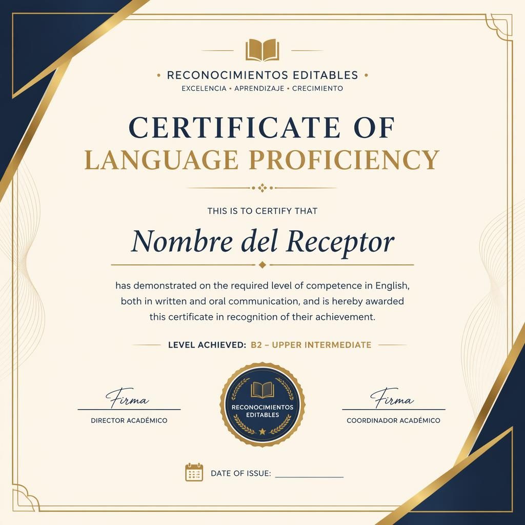Plantilla de certificado horizontal A4 en crema, dorado y azul marino con borde fino, título central, firmas y sello