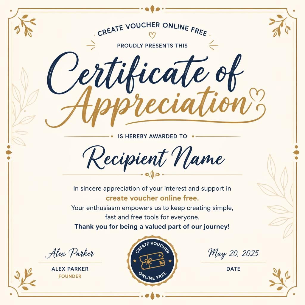 Landscape A4 appreciation certificate template with hand-lettered heading, cream, gold and navy palette, border, signatures