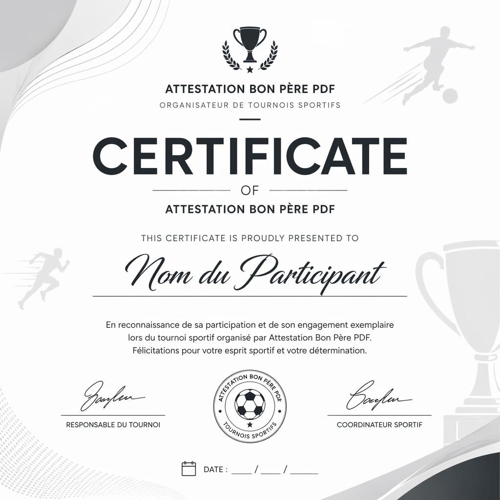 Modèle de certificat sportif minimaliste en format A4 paysage, avec titre central, nom du bénéficiaire, signatures et date.
