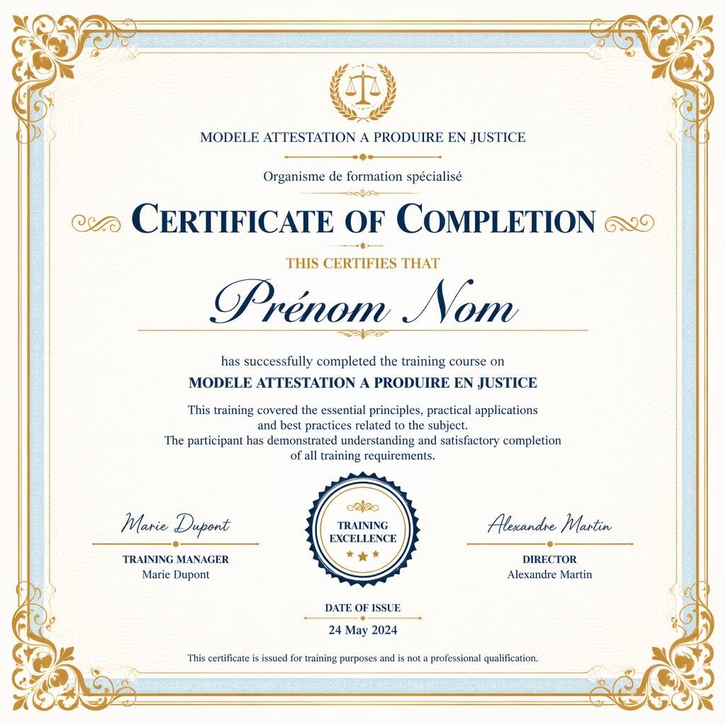 Modèle de certificat A4 paysage classique avec bordure dorée ornée, palette pastel, titre central, signature et date.