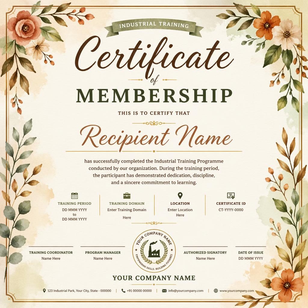 Landscape A4 membership certificate template with floral watercolor border, hand-lettered heading, signature lines, date, and seal.