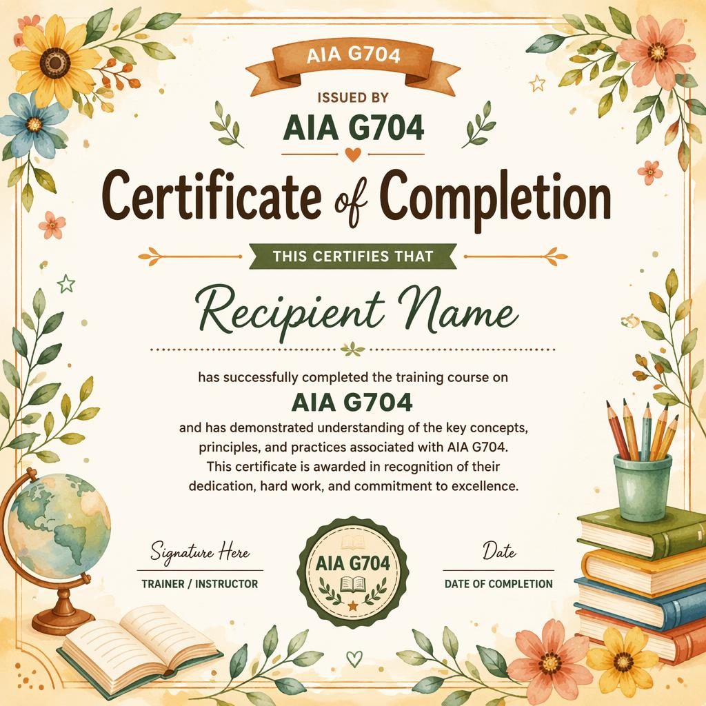 Landscape A4 training completion certificate template with watercolor floral border, warm earth tones, heading, name, body text, signature lines, date, and seal.