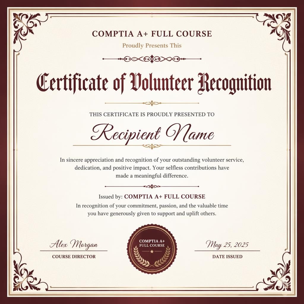 Landscape A4 volunteer recognition certificate template in burgundy with ornate double-line border, headings, signature lines.