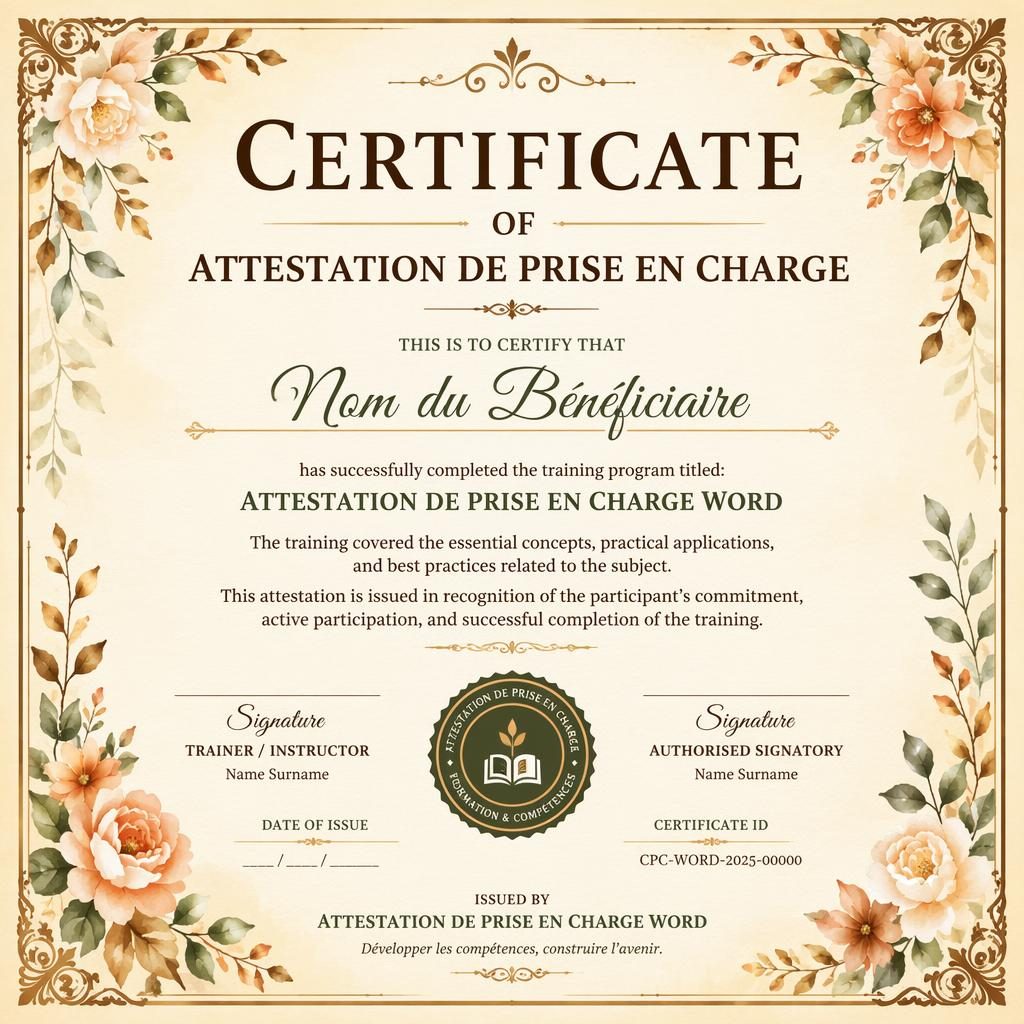 Modèle de certificat paysage A4, style classique orné, bordure florale aquarelle, zones titre, nom, signature, date