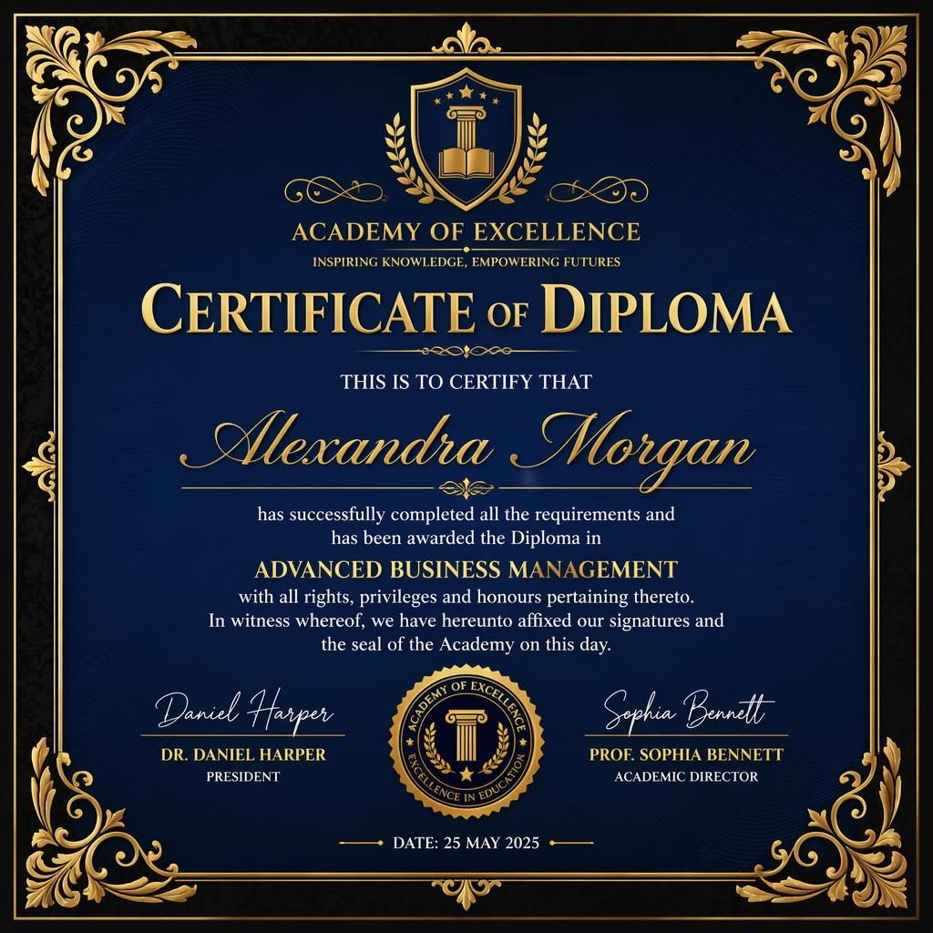 Landscape A4 gift voucher certificate template in black, royal blue, and gold with ornate frame, heading, name, text, signatures, date, and seal.