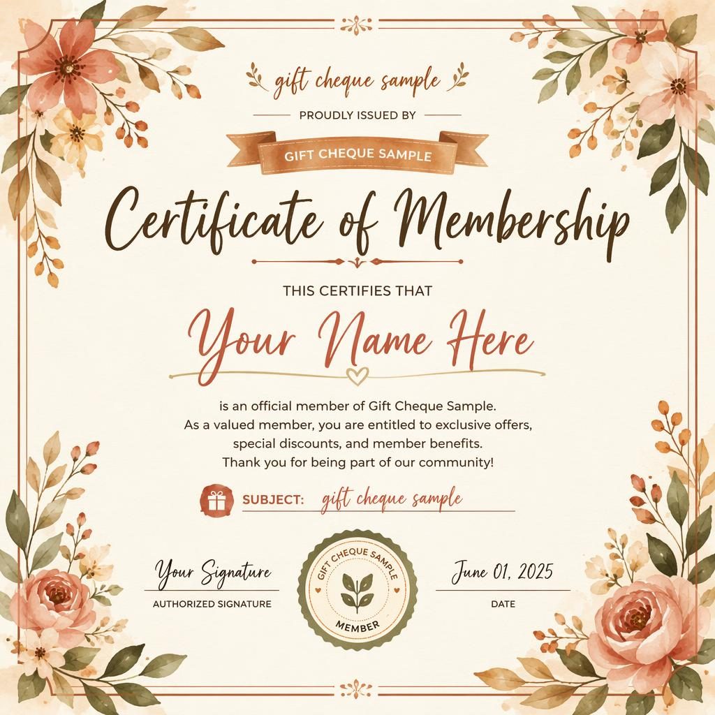 Landscape A4 membership certificate template with floral watercolor border, hand-lettered heading, signature lines and seal