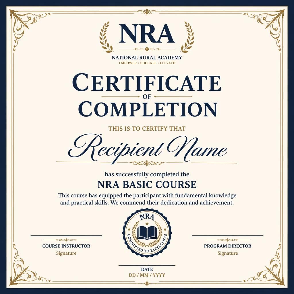 Classic ornate landscape A4 certificate template in cream, gold, and navy with thin border, heading, signature lines, date, and seal.