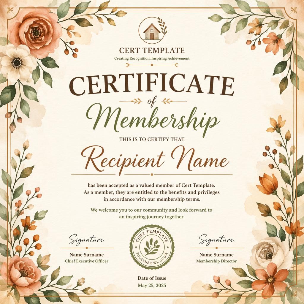 Landscape A4 membership certificate template with watercolor floral border, warm earth tones, heading, name, body text, signatures.