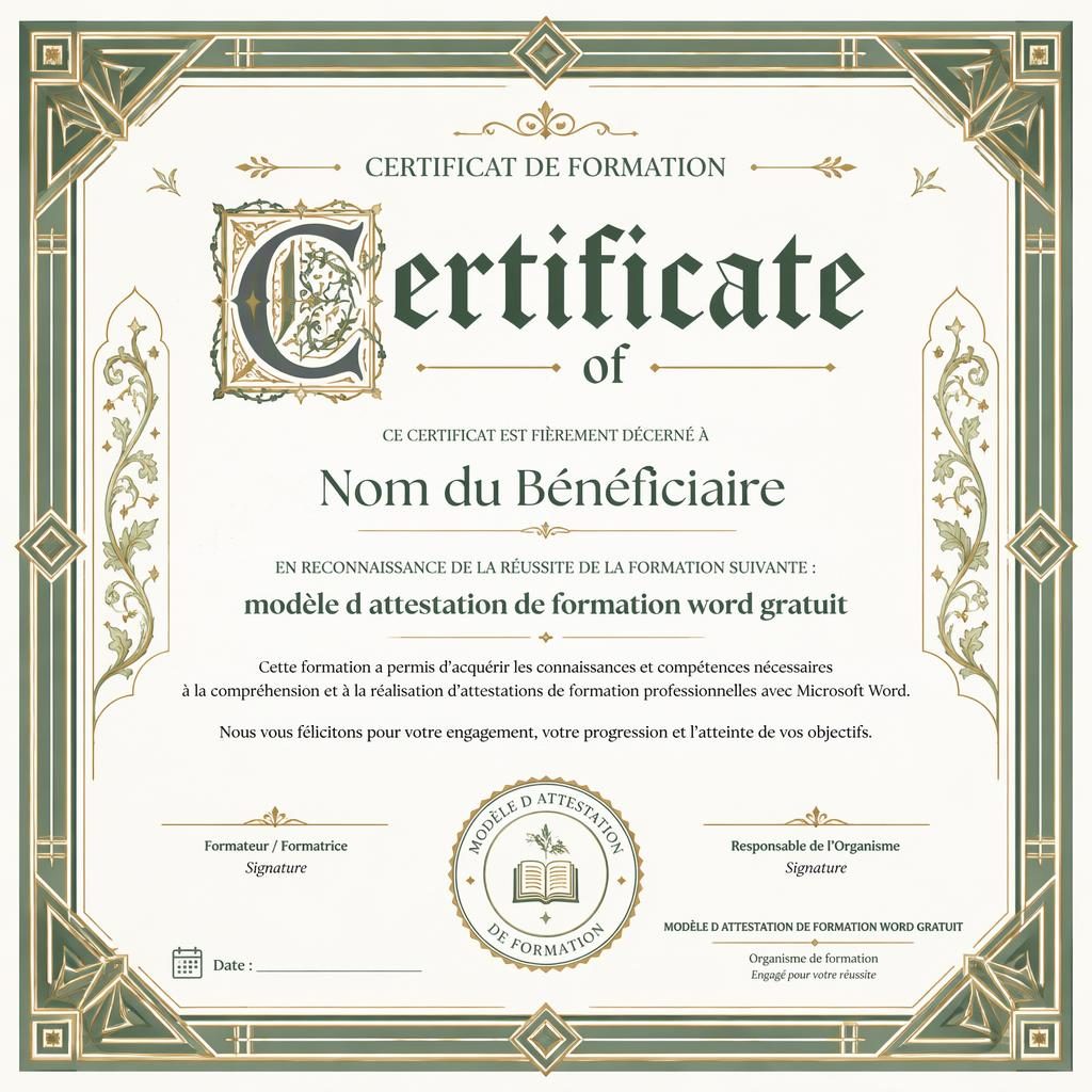 Certificat paysage A4 blanc et vert sauge, bordure géométrique art déco et détails enluminés, zones nom, signature, date