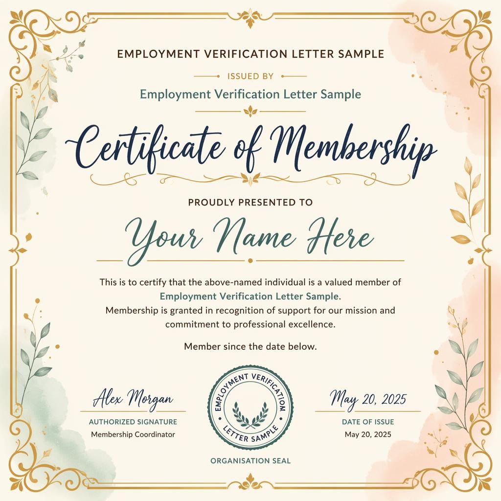 Landscape A4 membership certificate template with gold border, pastel palette, signature lines, date, and seal.