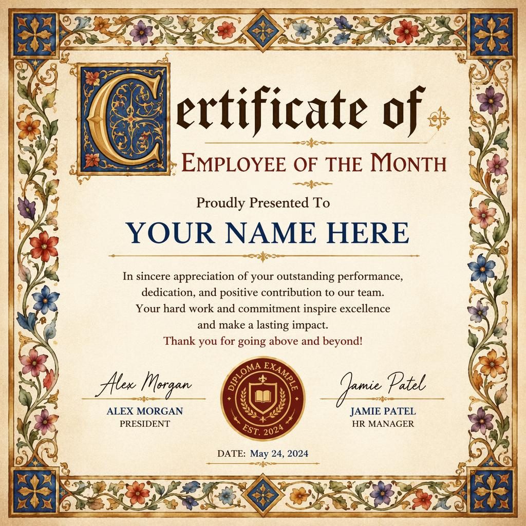 Landscape A4 employee of the month certificate template with medieval illuminated style, floral border, seal, signatures