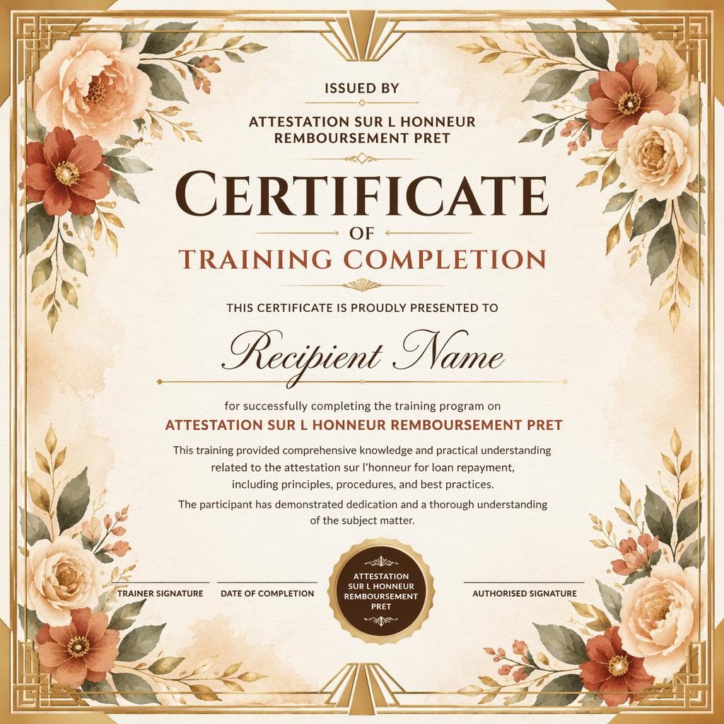 Modèle de certificat A4 paysage art déco avec bordure florale aquarelle, palette terre chaude, titre central et zones de signature.