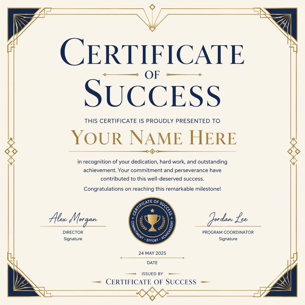 Landscape A4 volunteer recognition certificate template in cream, gold, and navy with art deco border and signature lines.