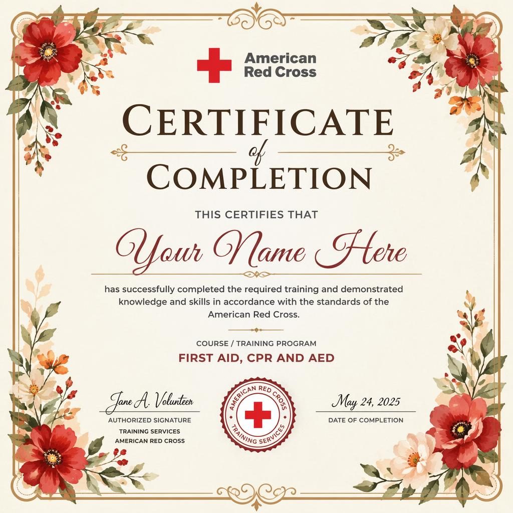 Landscape A4 training completion certificate template with ornate floral border, signature lines, date, and seal.