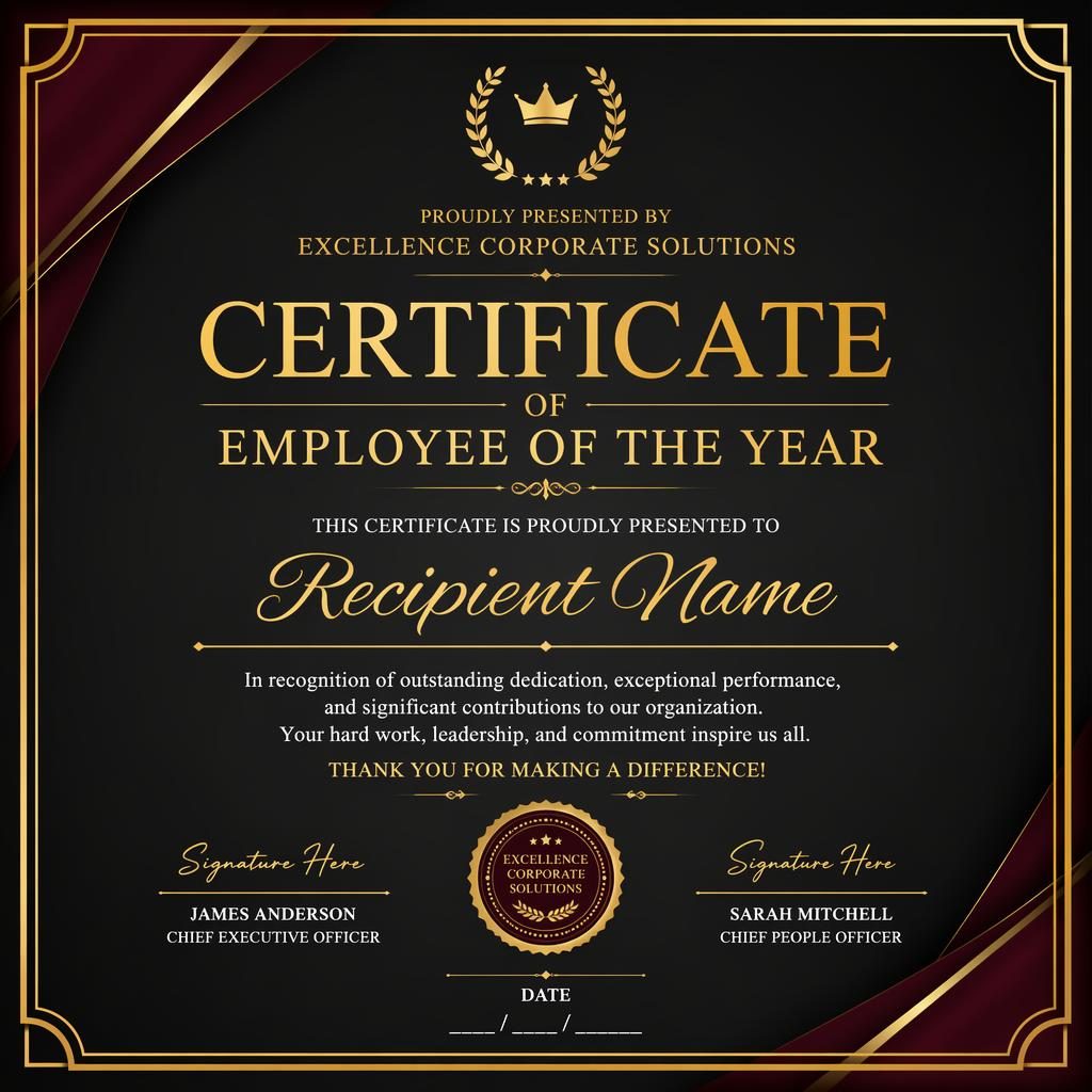 Landscape A4 employee of the year certificate template in black, gold, and burgundy with classic border and signature lines