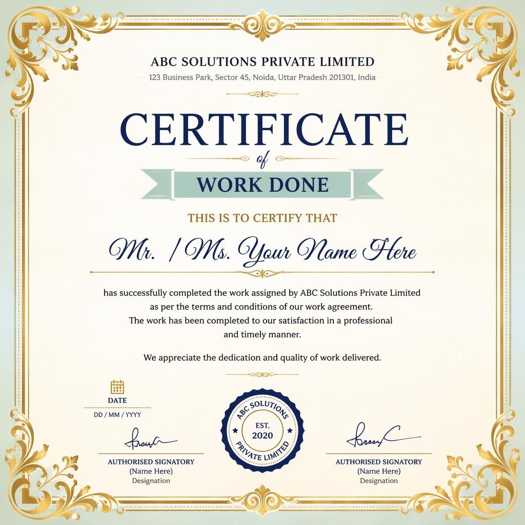 Landscape A4 training completion certificate template with ornate gold border, pastel palette, heading, signature lines, date, and seal