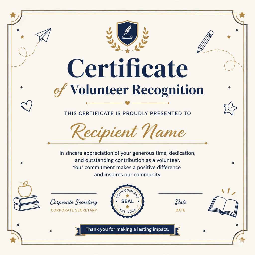 Landscape A4 volunteer recognition certificate template with cream, gold, and navy colors, thin border, heading, signature lines.