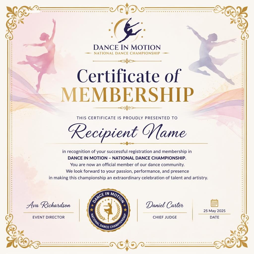Landscape A4 membership certificate template with gold ornamental border, pastel palette, heading, signature lines, date, and seal.