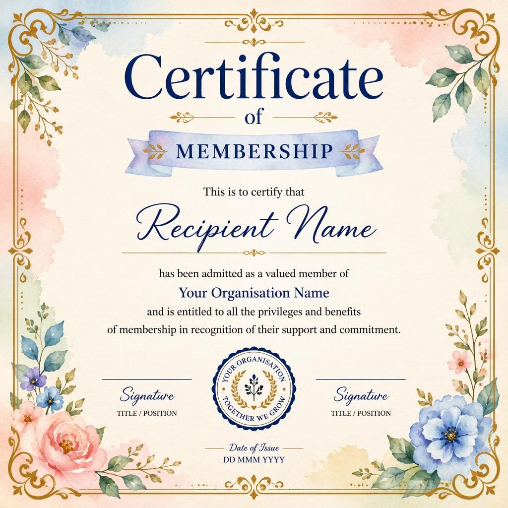 Landscape A4 membership certificate template with watercolor styling, gold ornamental border, pastel palette, signature lines