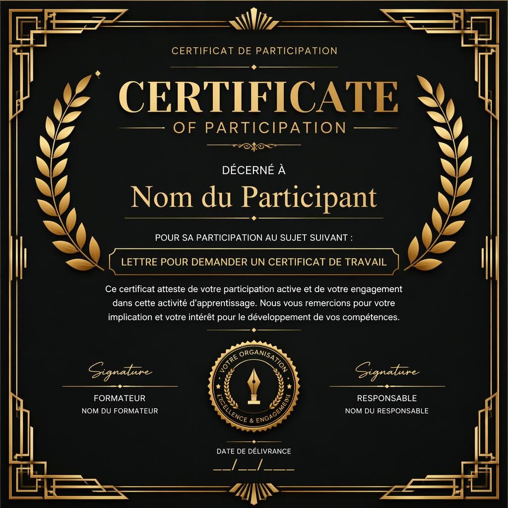Modèle de certificat de participation art déco noir et or, format A4 paysage, bordure en laurier, signature et date
