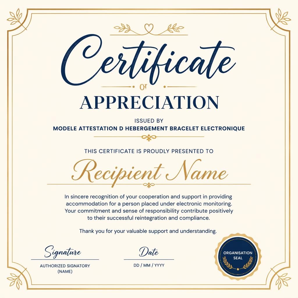 Modèle de certificat d’appréciation paysage A4, crème, or et bleu marine, cadre fin, titres, signature et sceau.