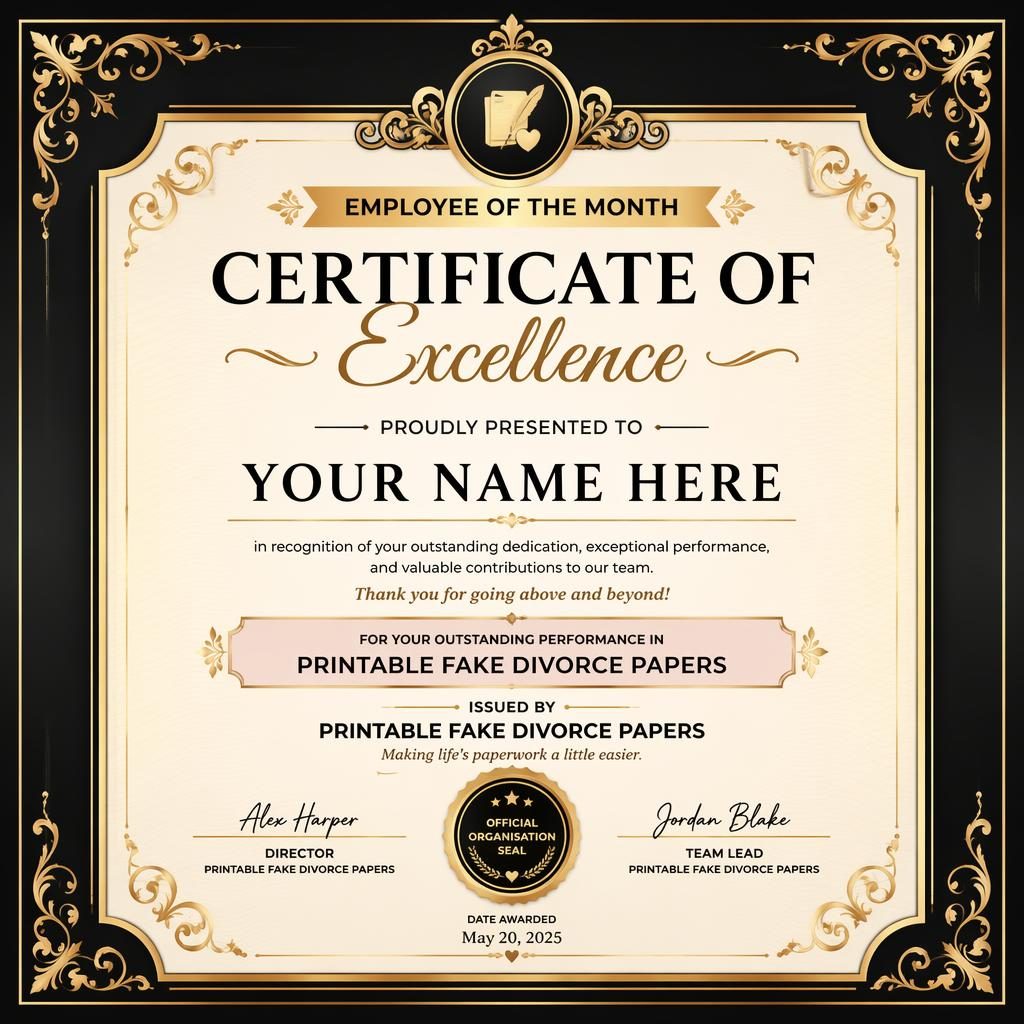 Landscape A4 employee of the month certificate template in black and gold with ornate border, signature lines, date, and seal
