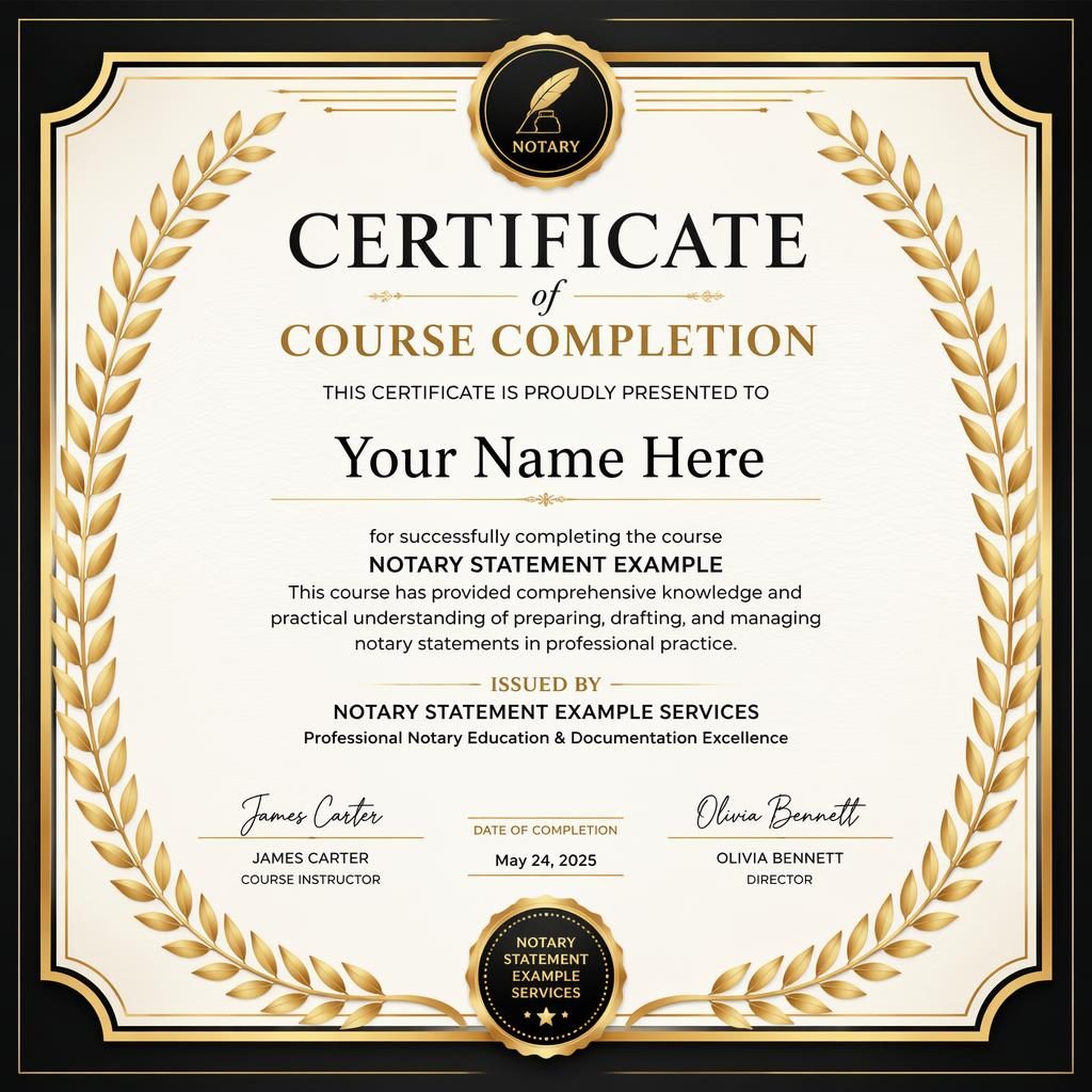 Landscape A4 course completion certificate template with laurel border, black and gold palette, signature lines and seal.