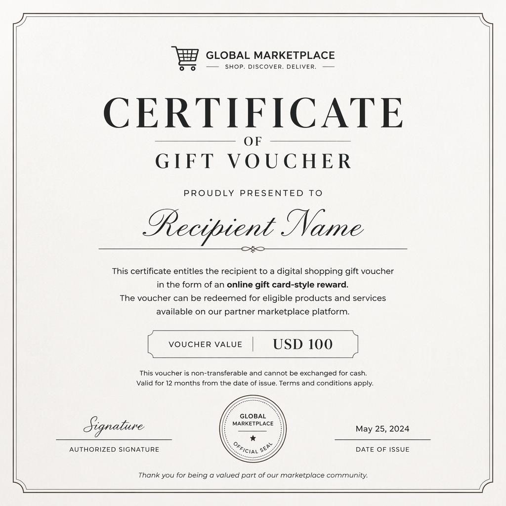 Landscape A4 gift voucher certificate template with thin border, recipient name, body text, signature lines, date, and seal